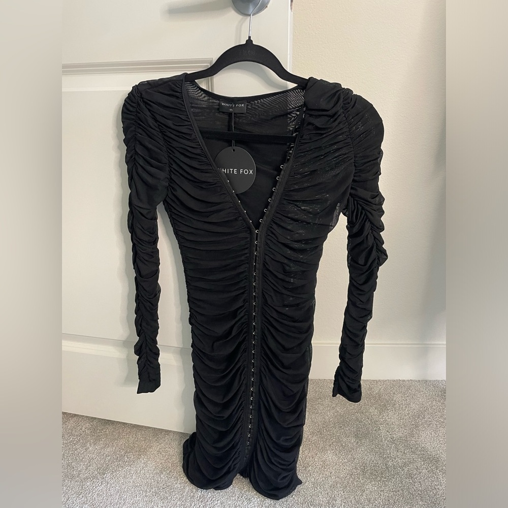Black long sleeve white fox dress- new with tags